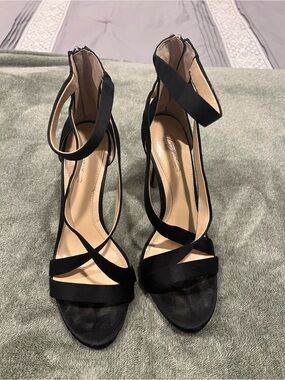 Vince Camuto Black Strappy Ankle-Zip Stiletto Sandals